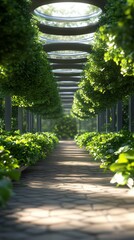 Sunlit garden path, lush greenery, circular archway, tranquil scene