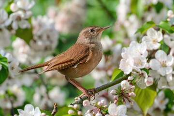 Obraz premium Small bird stand on stem tree zoom shot and white flower blooming blur green nature morning.