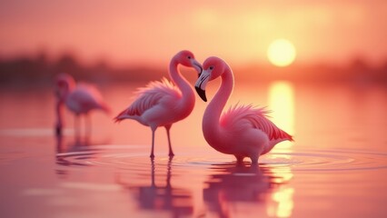 Fototapeta premium Baby flamingo, A baby flamingo stands in shallow pink water at sunset glowing under warm light in a serene lagoon.