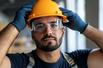 Worker wearing gloves and a hard hat, adjusting safety goggles in a clean environment.