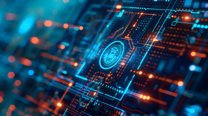 Fototapeta premium Abstract close-up of a futuristic circuit board with glowing lines and a central emblem, symbolizing technology