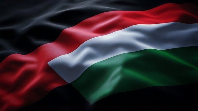 Close-up view of a waving Sudanese flag with rich colors and texture.