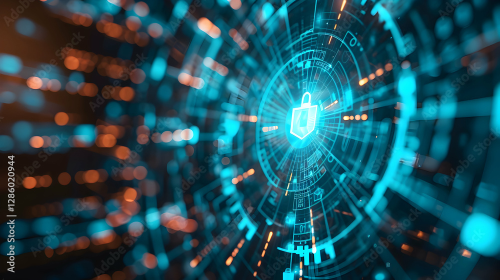 Poster abstract representation of digital security with glowing lock in a futuristic data environment