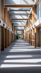 Sunlit modern hallway, exit ahead, building interior, architectural photography