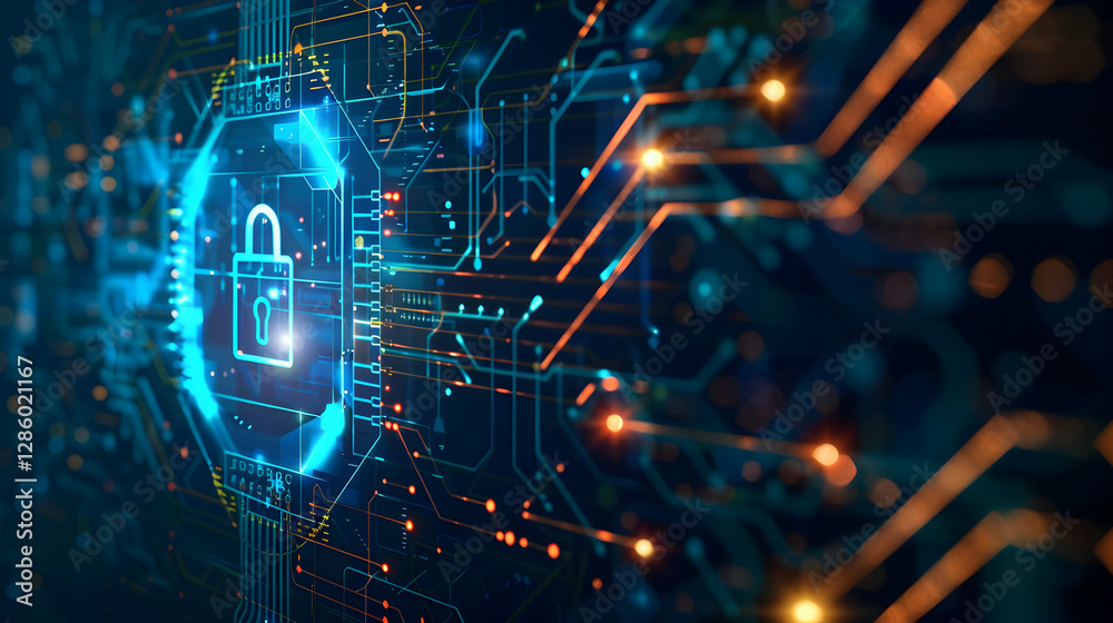 Poster digital lock symbolizing cybersecurity amidst a backdrop of intricate circuit patterns and glowing l