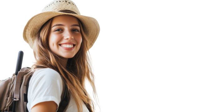 Young woman smiles wearing a straw hat and backpack while enjoying a sunny day outdoors