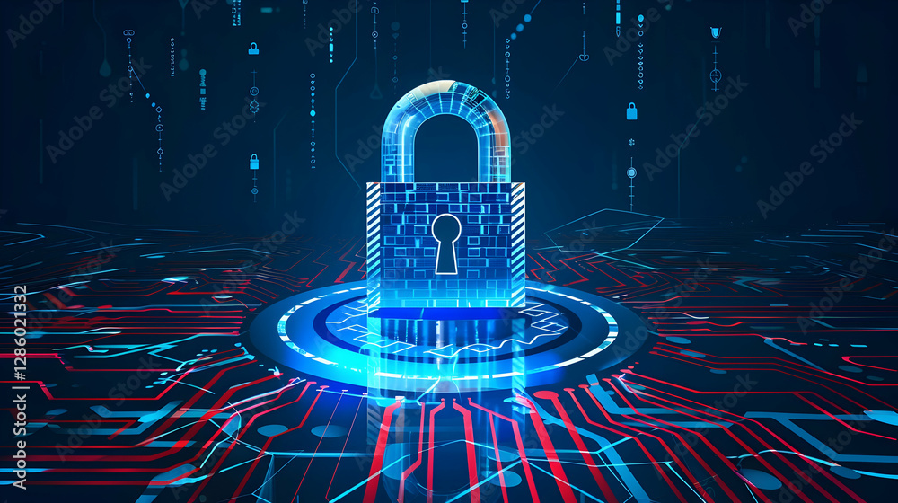 Poster digital padlock symbolizing cybersecurity on a circuit board background with data streams