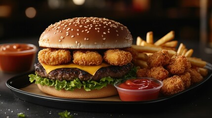 Delicious burger with mozzarella cheese, crispy onion rings, and fries on a dark plate in a restaurant