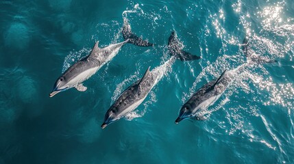 Fototapeta premium Aerial view of dolphins swimming in turquoise ocean