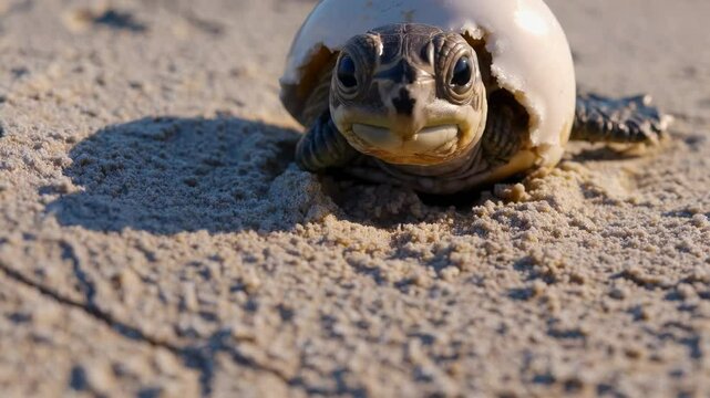Close-up video of a baby turtle emerging from its shell on sandy beach. Low-angle shot captures the texture and detail of the turtle and sand.