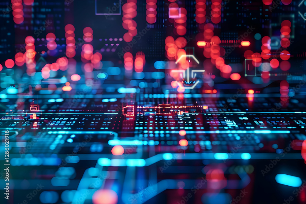 Poster abstract digital technology background with vibrant circuits and glowing data streams