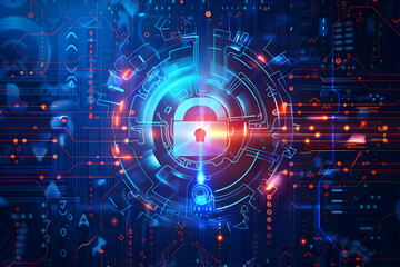 Fototapeta premium Futuristic digital lock symbolizing cybersecurity amidst a vibrant technological backdrop
