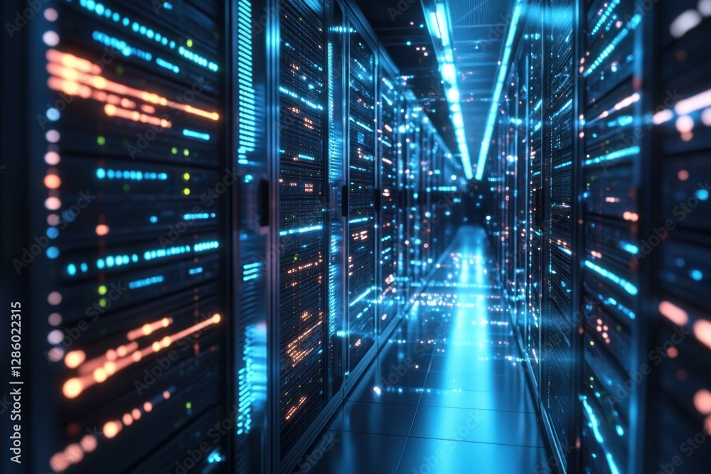 Poster vibrant data center illuminated with colorful lights showcasing advanced technology and intricate se