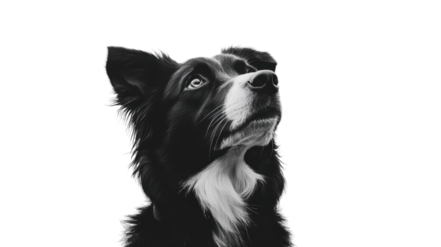 Border collie gazes upwards with a thoughtful expression in a minimalist setting showcasing its elegant features