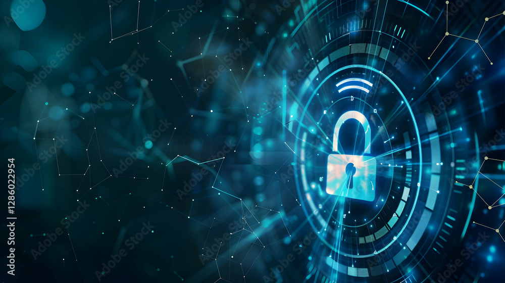 Poster digital security concept with a glowing padlock symbolizing data protection in a tech environment