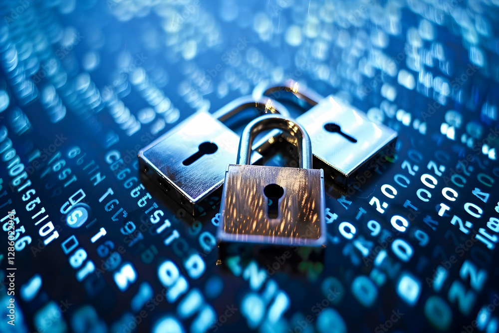 Poster three padlocks on a digital background filled with binary code representing cybersecurity