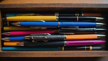 Fototapeta premium Colorful pens and crayons arranged on the table