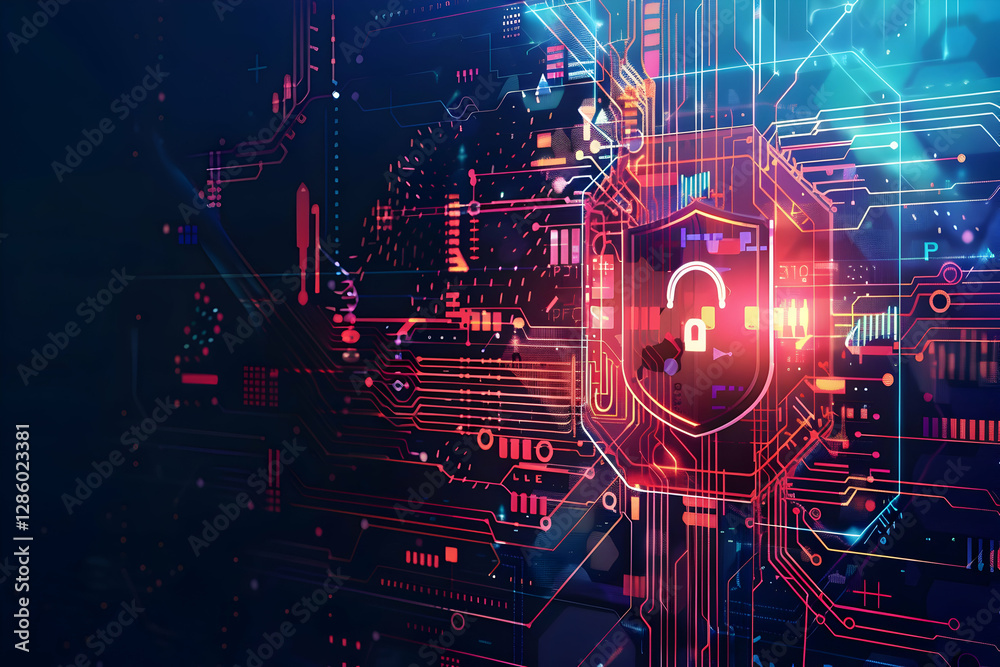 Poster abstract digital background showcasing cybersecurity elements with a padlock symbol and circuit desi