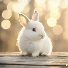 Fototapeta premium Cute fluffy white bunny sitting on a wooden surface with a blurry bokeh background.