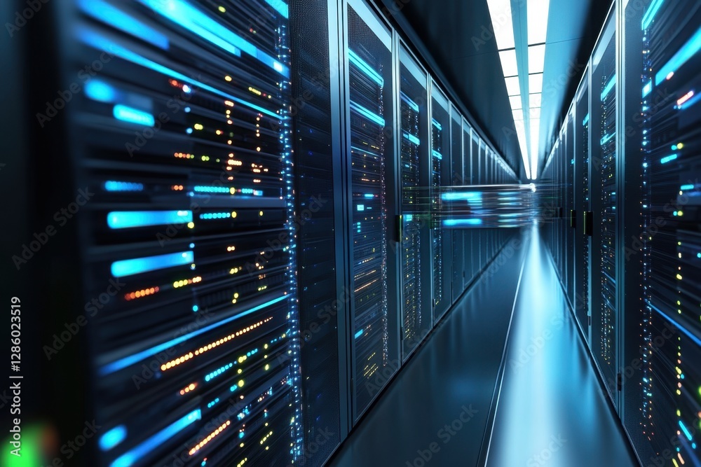 Poster illuminated server corridor showcasing advanced data storage technology in a futuristic data center.