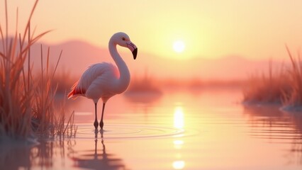 Fototapeta premium Baby flamingo, A baby flamingo stands in shallow pink water under sunrise viewed from the front with hyper-realistic textures in 8K UHD