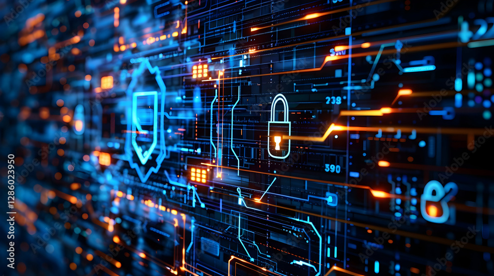 Poster abstract digital background showcasing cybersecurity elements with glowing circuitry and locks