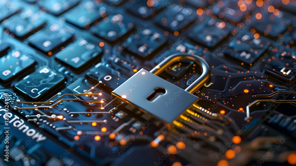 Poster close-up of a computer keyboard with a padlock symbolizing cybersecurity and data protection