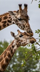 Two giraffes closely feeding on fresh green leaves, showcasing their unique long necks and affectionate wild animal behavior in their natural habitat.
