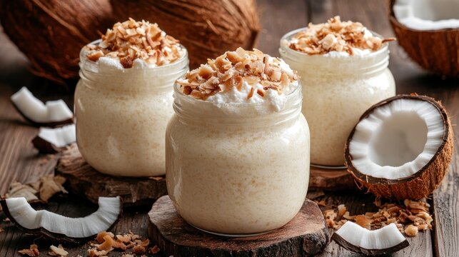 Delicious coconut tapioca pudding in jars on a rustic wooden table