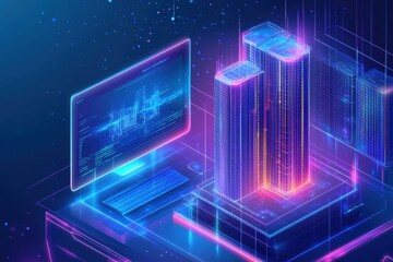 Futuristic Cityscape with Computer Screen and Neon Lights Design