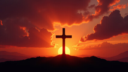 A Christian cross silhouetted against a sunset sky, with clouds scattered in the background.