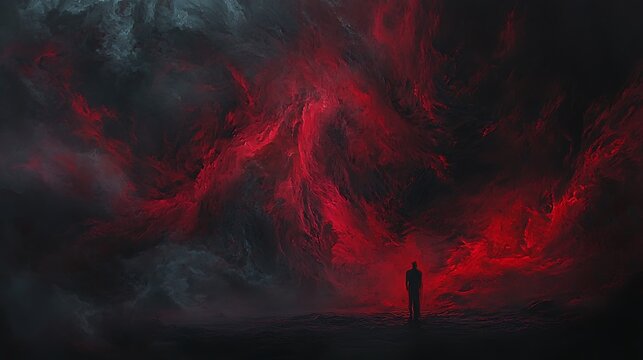 Red smoke swirling against a dark backdrop, creating a mysterious atmosphere.