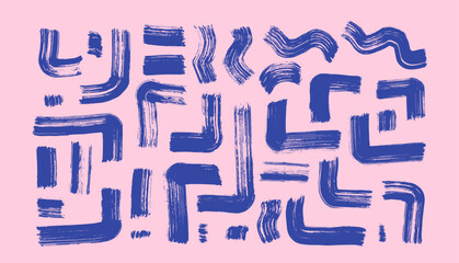 Hand drawn lines set. Geometric brush strokes collage. Blue and pink geometry. Abstract calligraphy. Vector marker or acrylic paint funky print. Rectangular edged stripes tribal doodle structure