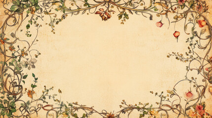 An ornate illuminated manuscript-style border intricate floral vines medieval botanical elements parchment background cottagecore rich colors, delicate fairy-tale motifs elegant calligraphy copy space