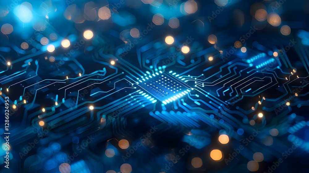 Poster close-up view of a glowing microchip surrounded by intricate circuit patterns and lights