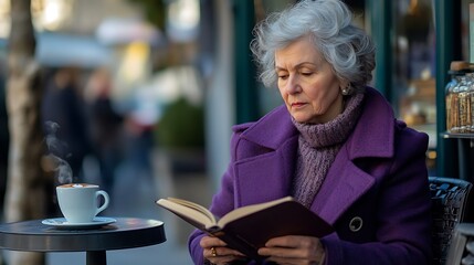 Elderly woman in a stylish purple coat, reading a book while sipping coffee at an outdoor cafe on a solid background.