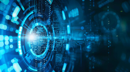 Abstract digital technology background with glowing circles and data patterns, showcasing innovation