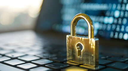 Close-up of a golden padlock resting on a laptop keyboard with a blurred digital background
