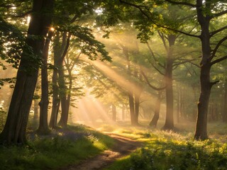 Obraz premium Golden rays cascade through a lush green woodland, casting ethereal light patterns on the enchanted forest floor.