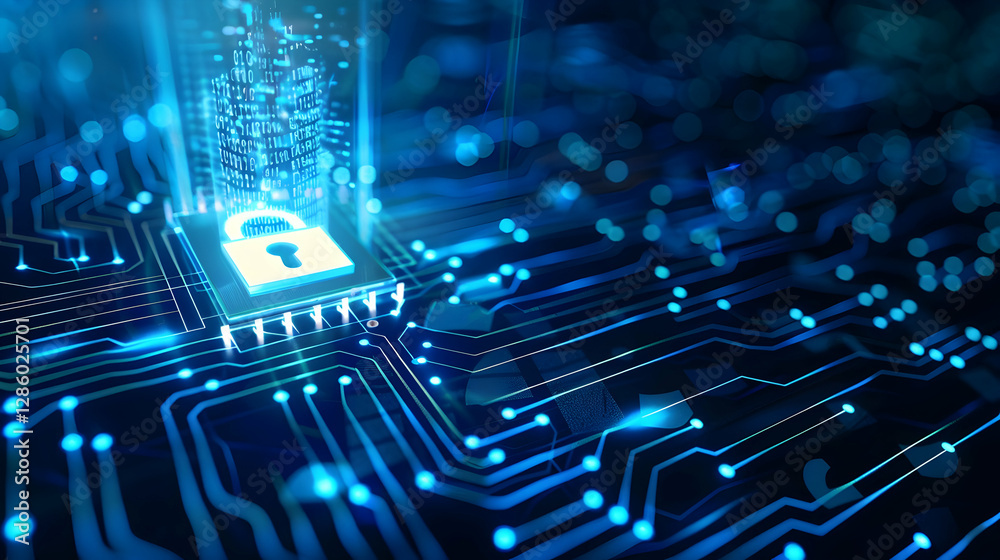 Poster digital lock on a circuit board representing cybersecurity and data protection in technology