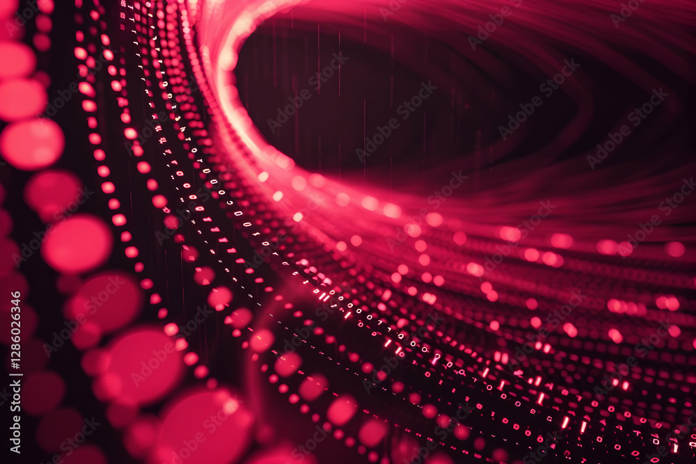 Poster abstract swirling pattern of red and pink dots on a dark background, creating a dynamic visual effec