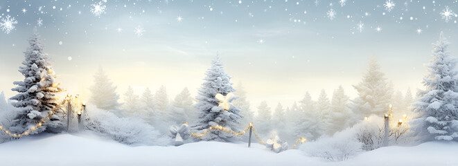 Naklejka premium sunset in the mountains, Beautiful winter background of snow and blurred forest in background Gently falling snow flakes against blue sky free space for your decoration for your decorations Wide panor