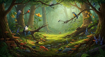 Enchanted forest showcasing symbiotic relationships and vibrant biodiversity