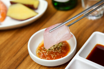 Korean seafood dish. raw fish Sashimi