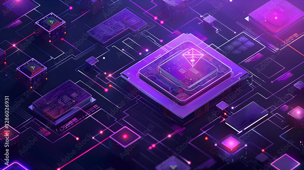 Wall mural abstract digital circuitry with vibrant neon colors showcasing a futuristic processor design