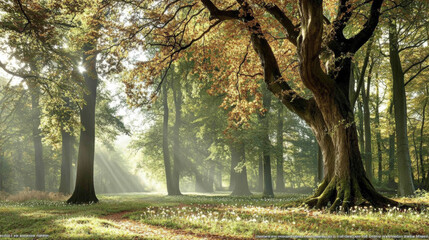 A realistic, nature background showcasing a dense forest with towering trees, dappled sunlight filtering through the leaves, and a carpet of wildflowers, capturing the essence of untouched natural 14