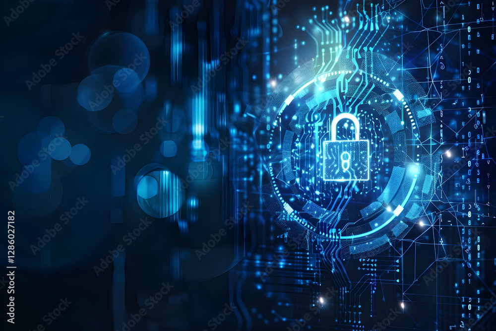 Poster digital security lock symbolizing cybersecurity and data protection in a tech environment