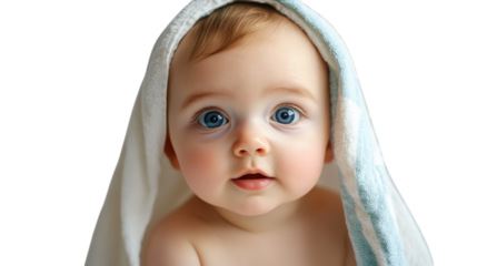 Charming baby with striking blue eyes wrapped in a soft towel, showcasing innocence and curiosity indoors