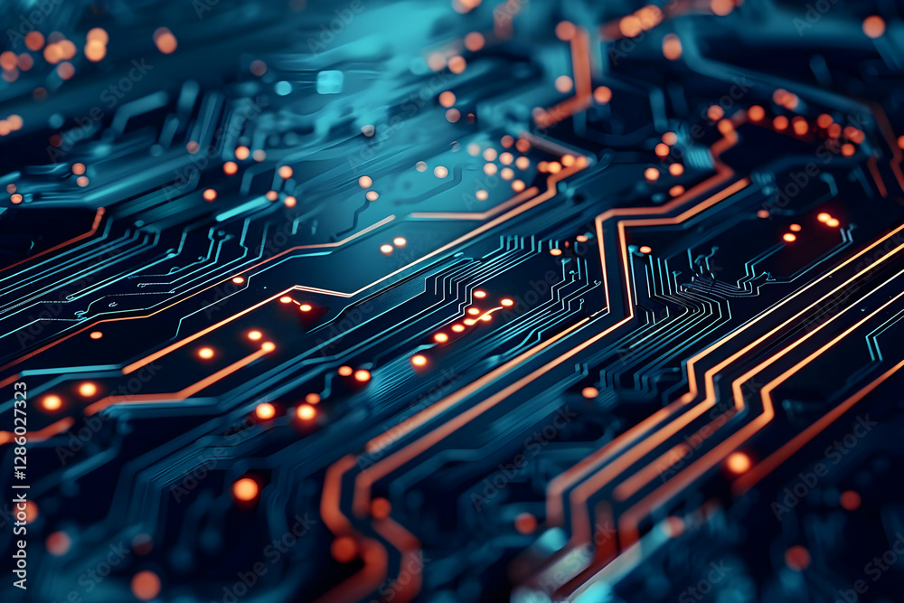 Wall mural close-up view of a vibrant circuit board showcasing intricate lines and glowing elements
