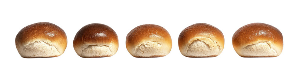Row of five freshly baked golden brown bread rolls on transparent background